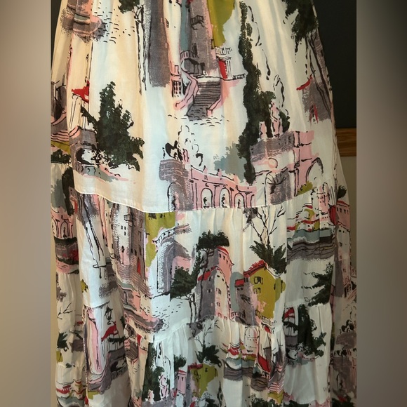 Anthropologie Lazy Bones Multicolor Cityscape Fit Flare Tiered Midi Dress Sz XS - Picture 10 of 12